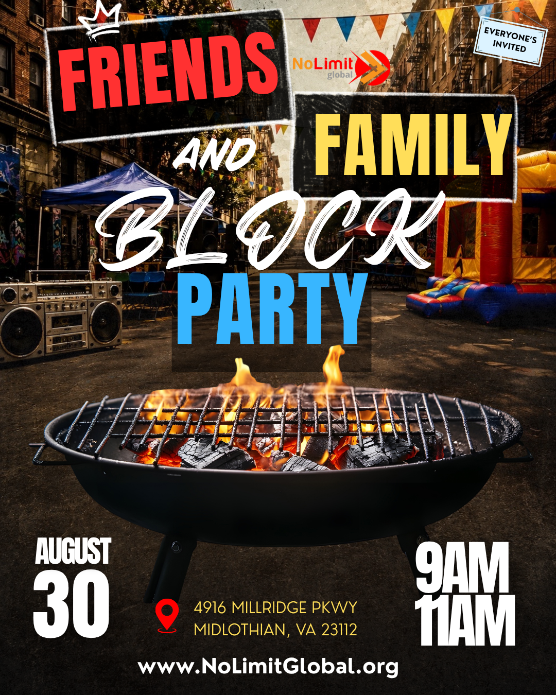 Friends and Family Block Party — August 30, 9 AM and 11 AM at 4916 Millridge Parkway, Midlothian, VA 23112